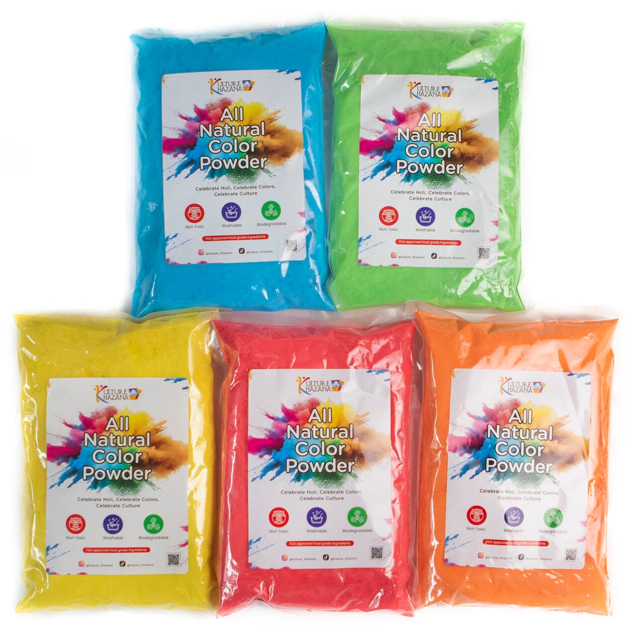Kulture Khazana: Holi Color Powder 1lb Bags - 5 Pack - All-Natural, Washable, Non-Toxic, for Festival of Colors, Color Run, Gender Reveal & Parties